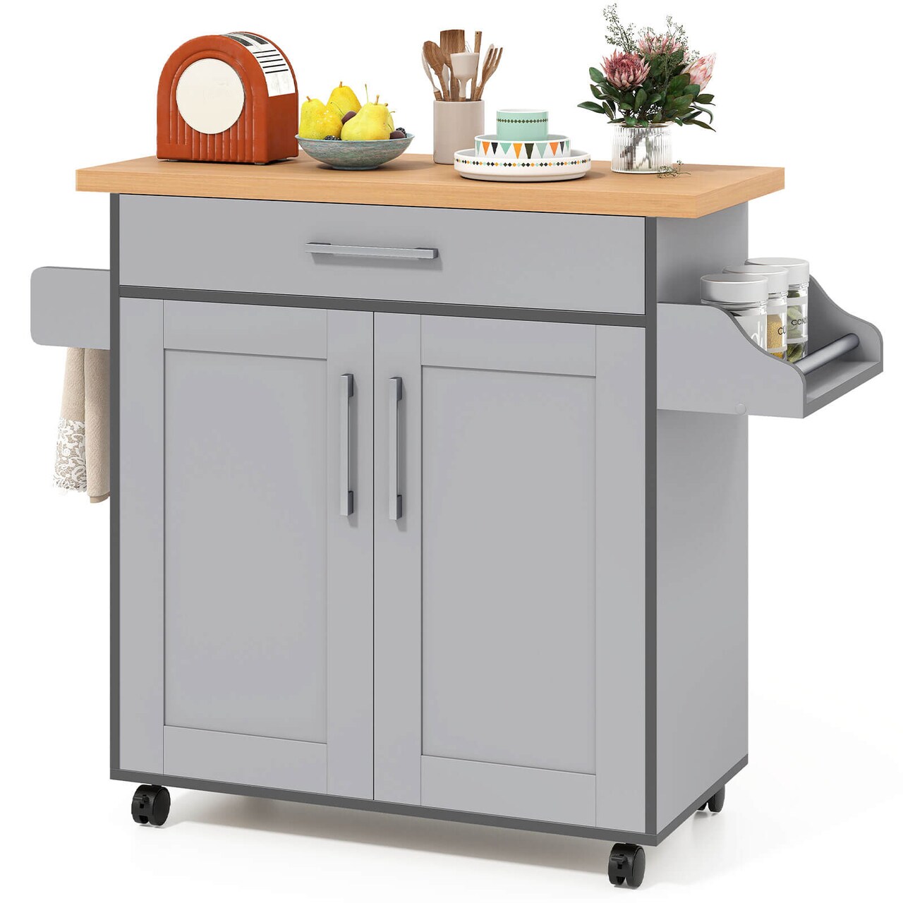Costway Rolling Kitchen Island Cart Storage Cabinet w/ Towel & Spice Rack White\Black\Cherry\Gray